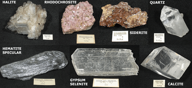 Images of Halite, Rhodochrosite, Siderite, Quartz, Hematite, Gypsum, and Calcite